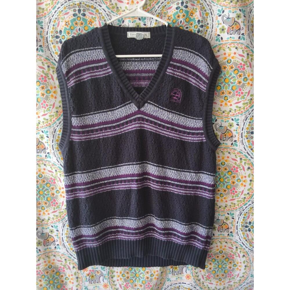 IZOD Club Sweater Vest Men's L Navy Knit Pima Cotton Sleeveless V Neck Pull-On